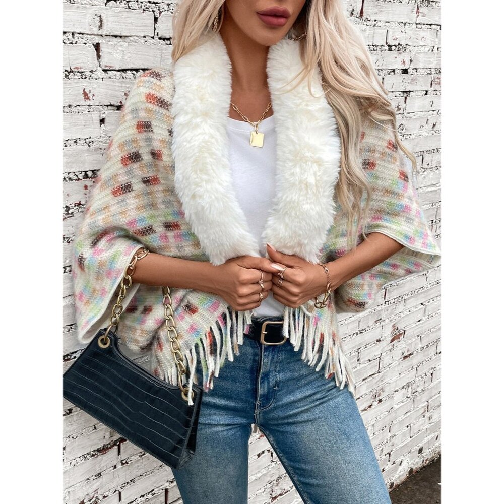 Plush Faux Fur Retro Fringe Hem Open Front Oversized Poncho Knit Cardigan